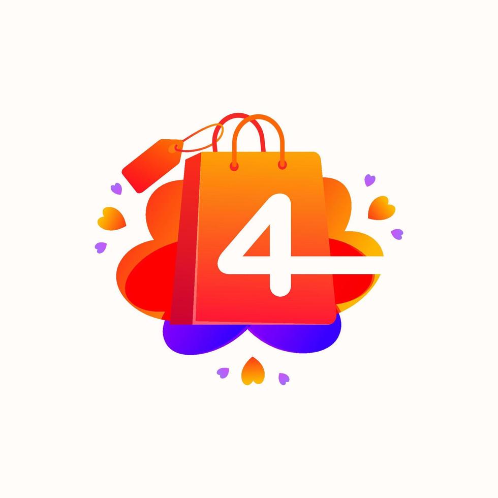 Four Number with love shopping bag icon and Sale tag vector element design. Four numerical illustration template for corporate identity, Special offer tag, Super Sale label, sticker, poster etc.