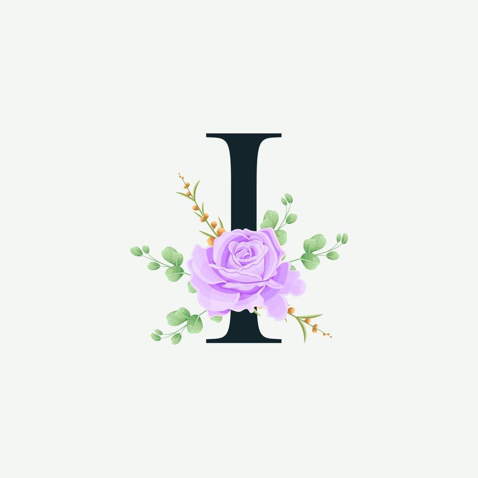 Beautiful I alphabet with Floral logo decoration template. Luxury font with green leaves emblem botanical vector illustration.