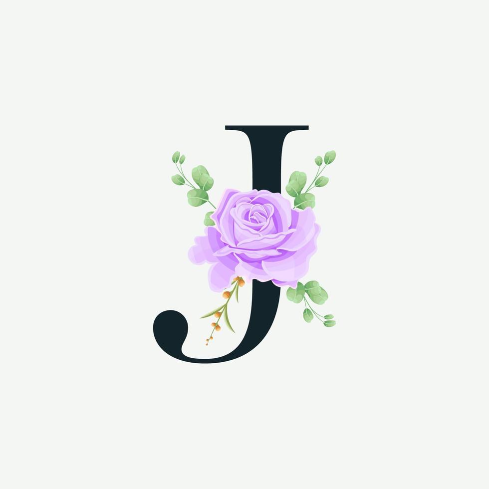 hermoso alfabeto j con plantilla de decoración de logotipo floral. fuente de lujo con hojas verdes emblema ilustración vectorial botánica. vector