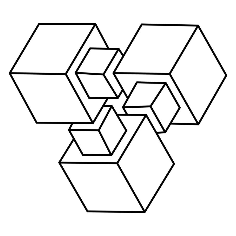 triángulo imposible. figuras de geometría sagrada. cubo de ilusión óptica.  objeto geométrico eterno abstracto. imposible forma de contorno sin fin.  arte óptico. Figura de geometría imposible sobre un fondo blanco. 4920274  Vector