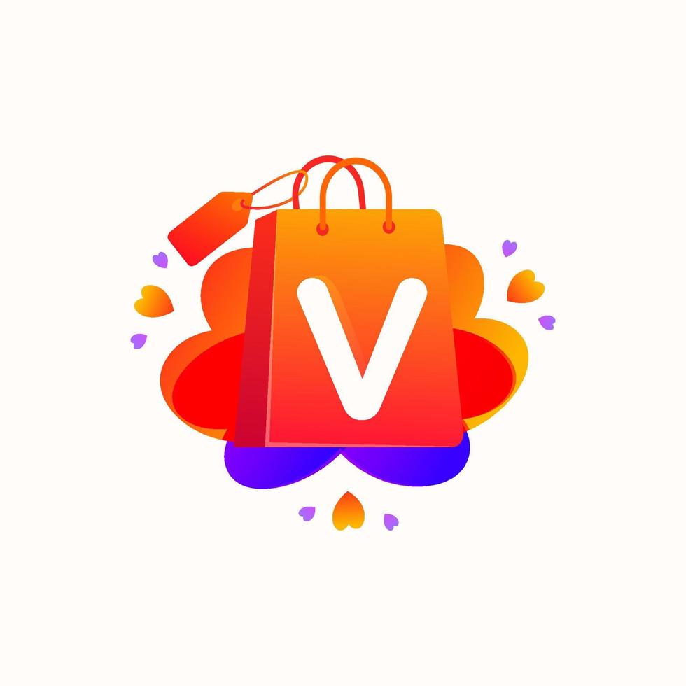 Letra v con icono de bolsa de compras de amor y diseño de elemento de vector de etiqueta de venta. v plantilla de ilustración del alfabeto para identidad corporativa, etiqueta de oferta especial, etiqueta de superventa, calcomanía, póster, etc.