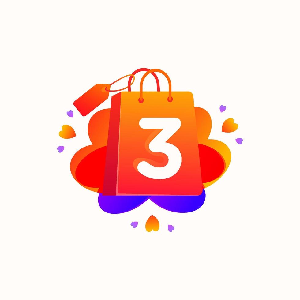 Three Number with love shopping bag icon and Sale tag vector element design. Three numerical illustration template for corporate identity, Special offer tag, Super Sale label, sticker, poster etc.