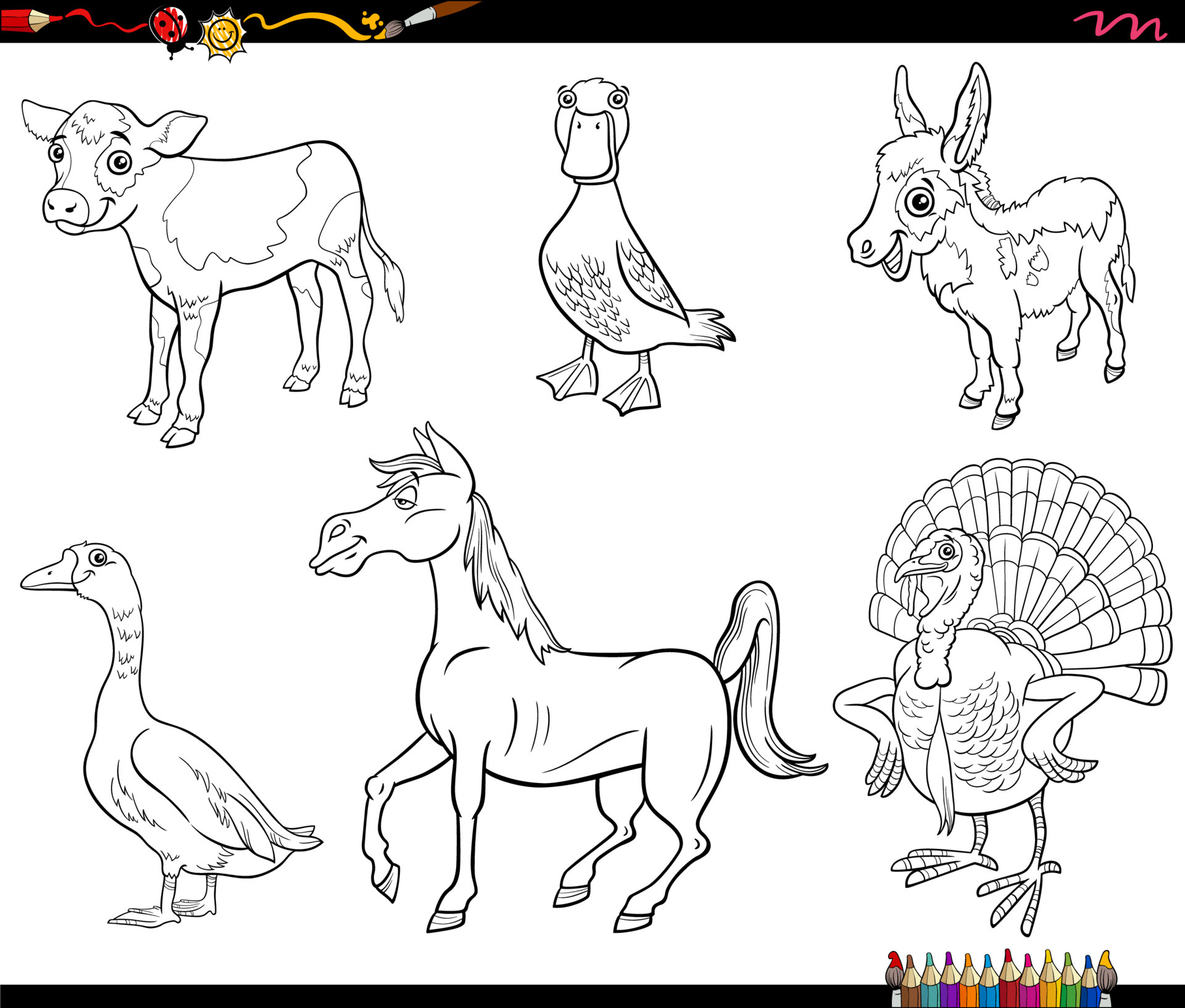 cartoon farm animal characters set coloring book page 4920392 Vector Art at  Vecteezy