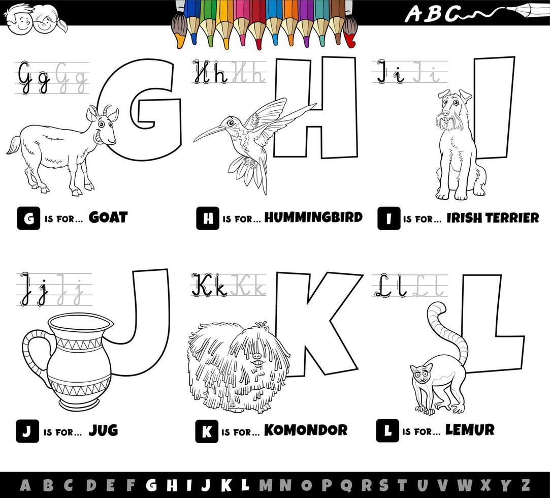 educational cartoon alphabet letters set from G to L color book page vector