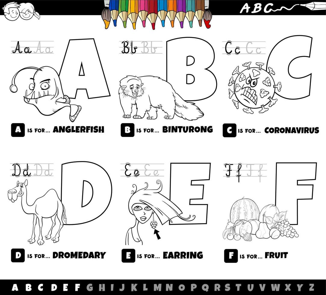 Conjunto de letras del alfabeto de dibujos animados educativos de la a a la f página del libro de color vector