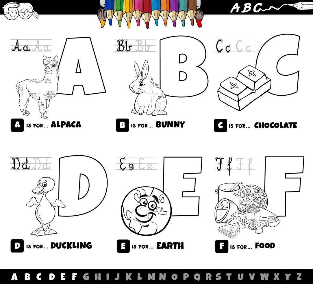educational cartoon alphabet letters set from A to F color book page vector