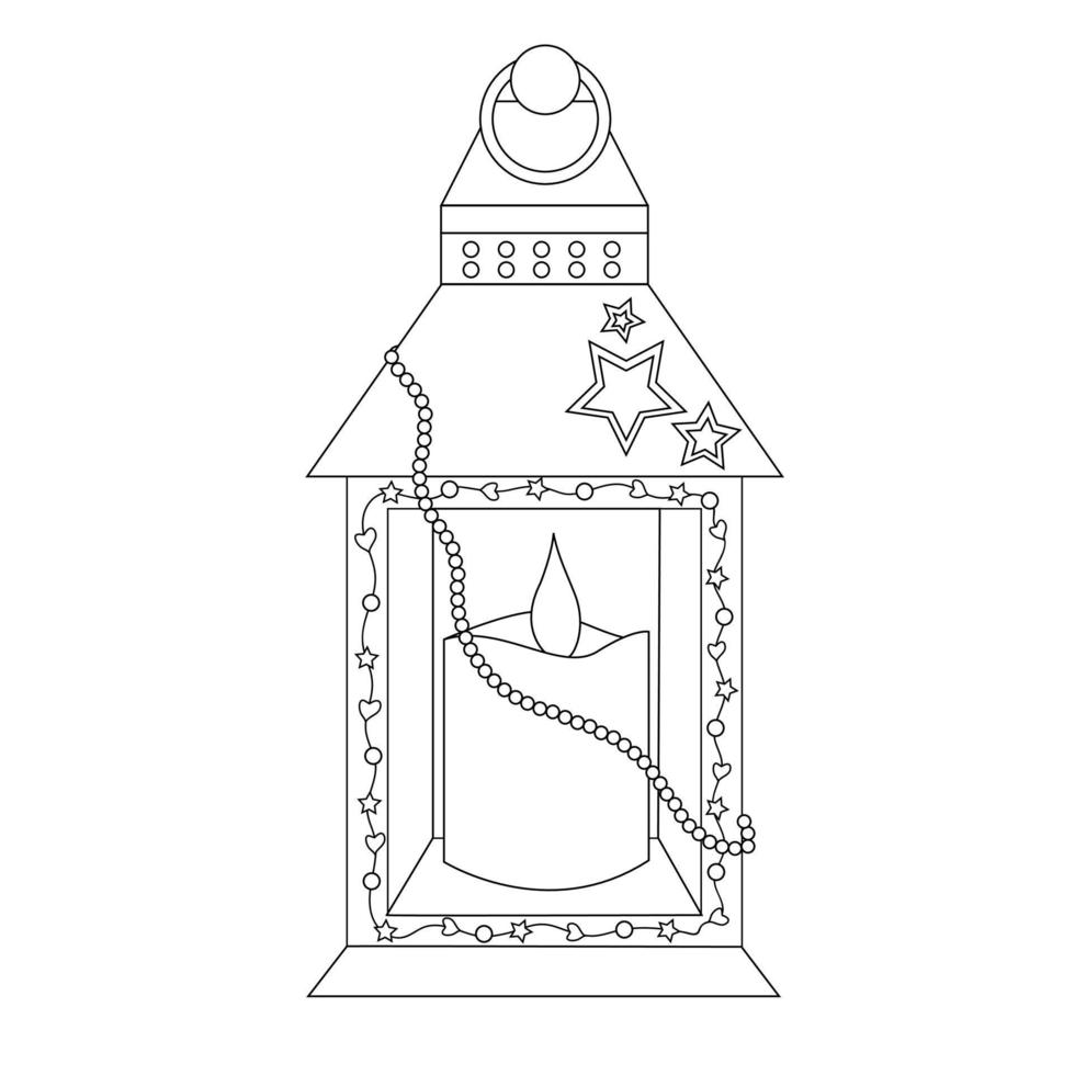 Coloring page festive lantern with a candle inside and beads isolated on white background vector