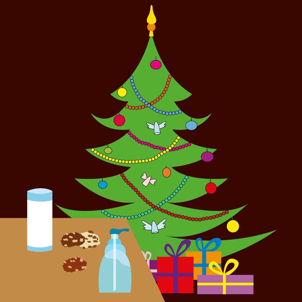 Glass of milk, cookies on table. Christmas tree, presents. vector