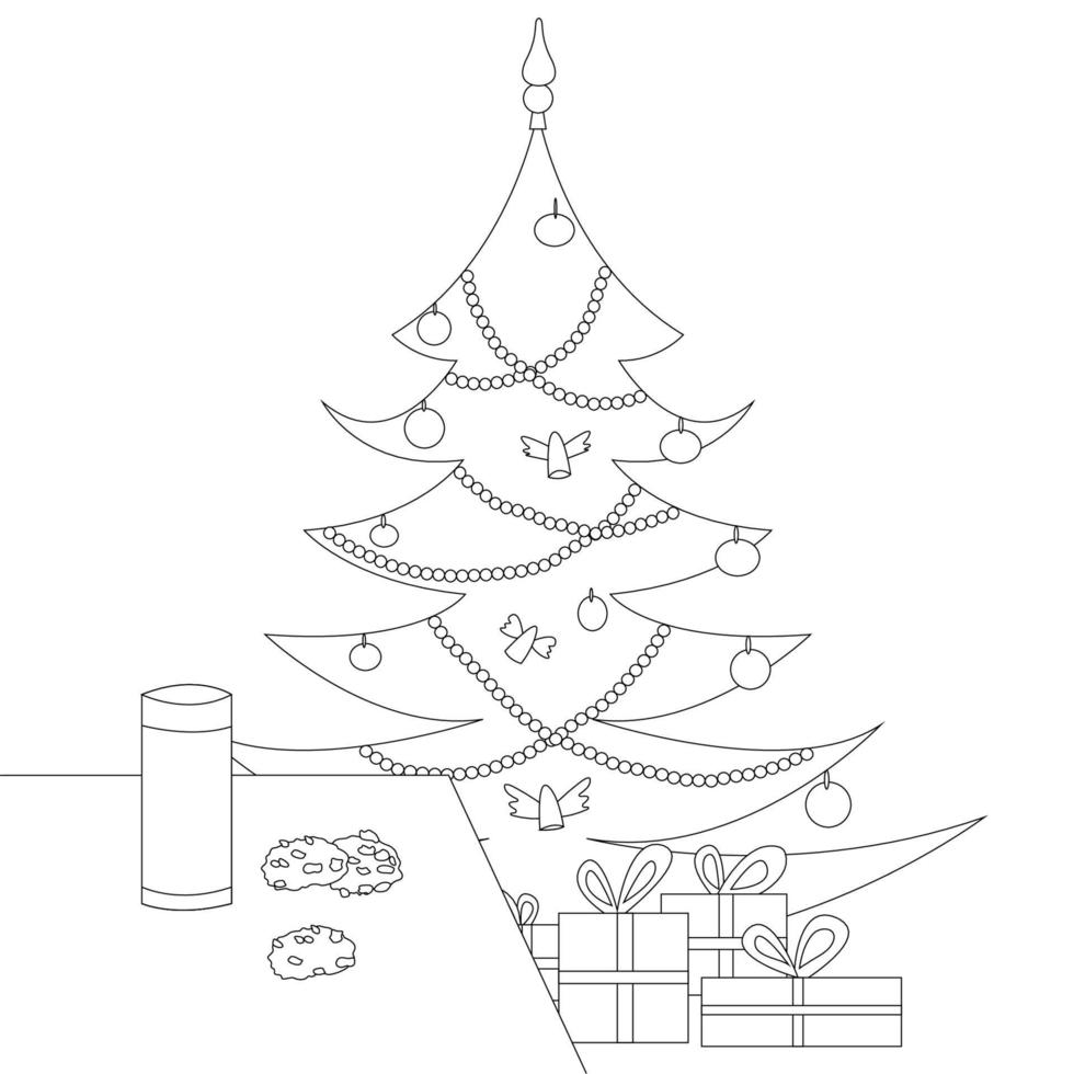 página para colorear. vaso de leche, galletas en la mesa. árbol de navidad, regalos. vector