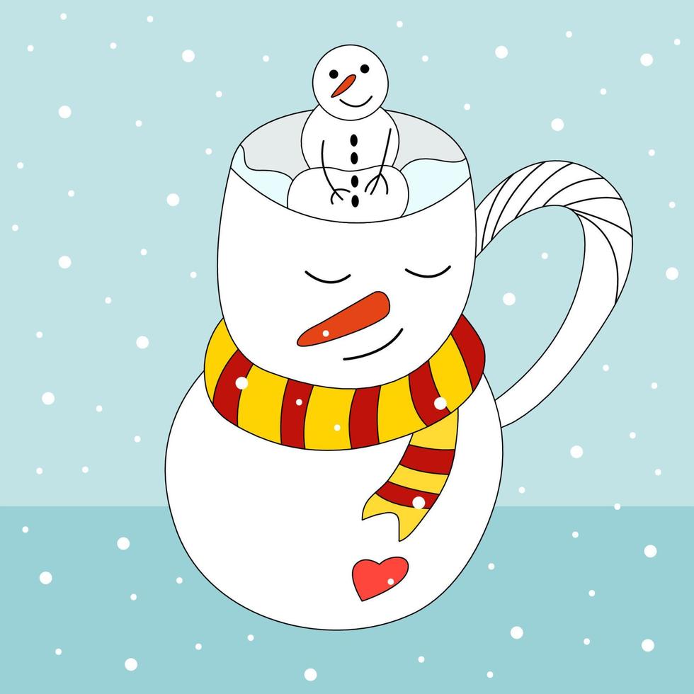 Cup of snowman with striped scarf, small snowman sits inside the cup. vector