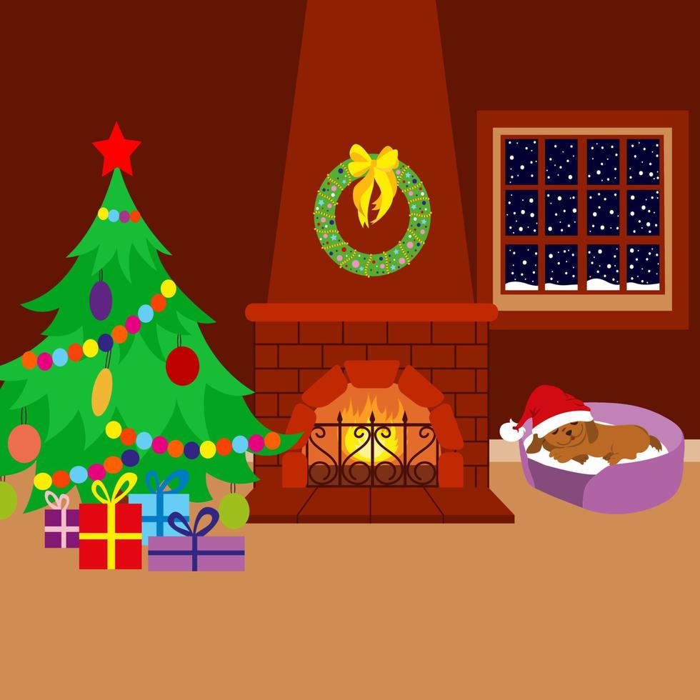 Romantic evening at home. Two glasses of wine, a bottle of wine and grapes on the carpet by the fireplace. Home cozy warm atmosphere. vector