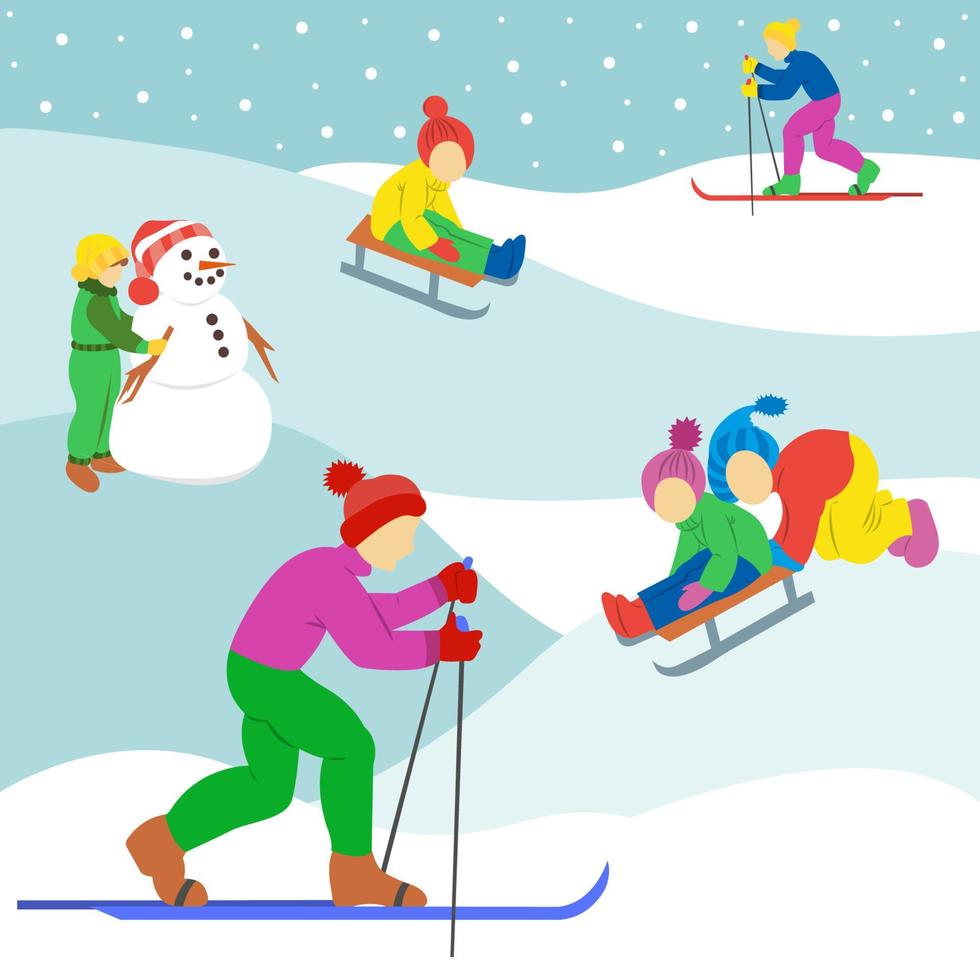 jugando al aire libre. niños en trineo. chicos esquiando. chica haciendo el muñeco de nieve. vector