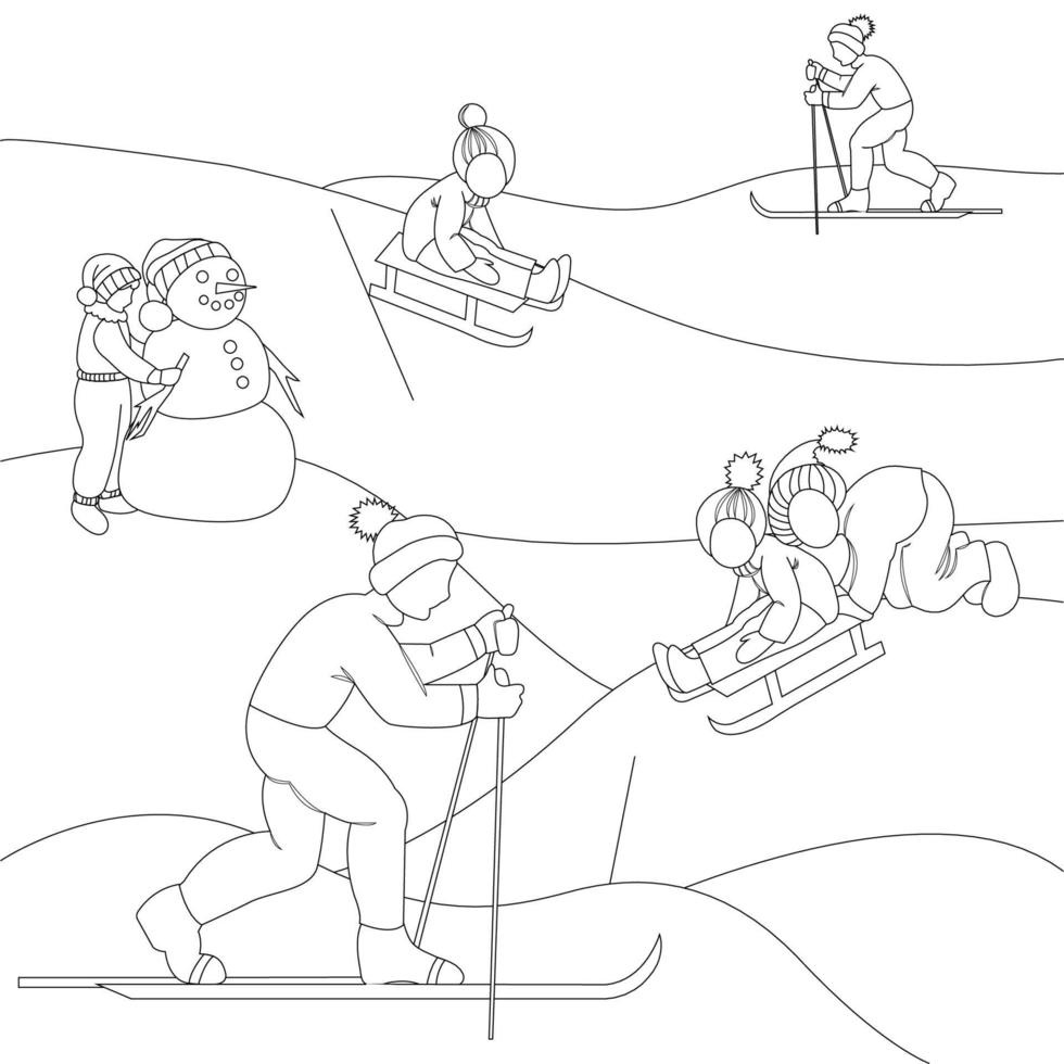jugando al aire libre. niños en trineo. chicos esquiando. chica haciendo el muñeco de nieve. personaje de dibujos animados divertido. página para colorear. vector
