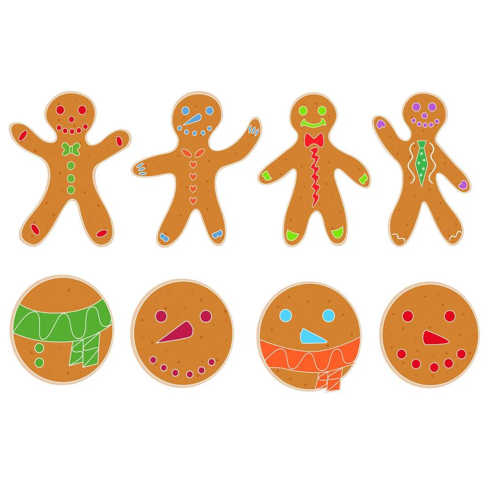 set of christmas gingerbread cookies in the shape of a man and circle, Isolated vector objects on white background