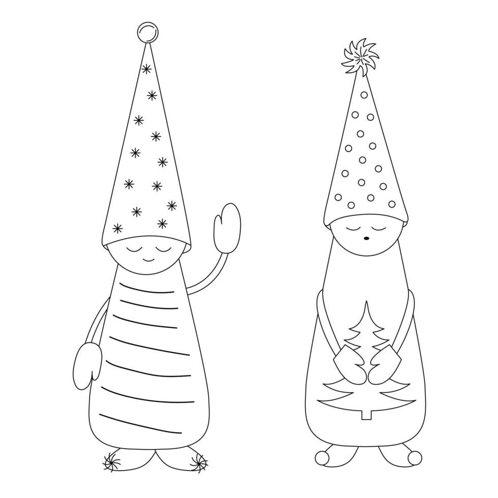 Coloring page. Christmas gnomes in long hats on white background. One gnome holds Christmas tree in his hands. Traditional holiday. Winter vector illustration