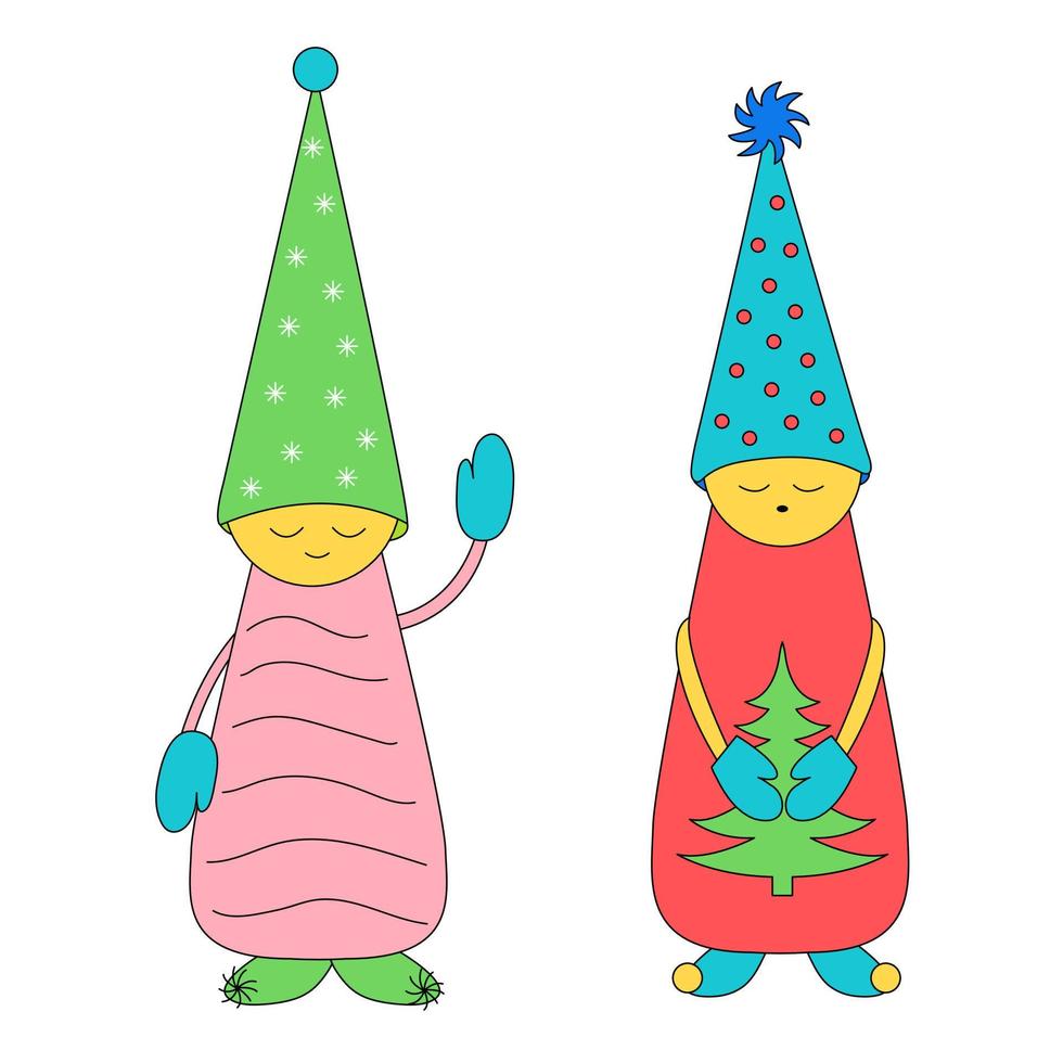 Christmas gnomes in long hats on white background. One gnome holds Christmas tree in his hands. Traditional holiday. Winter vector illustration.