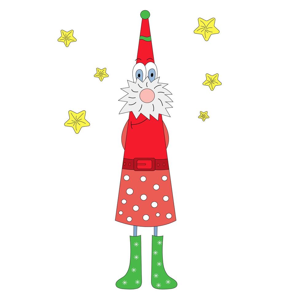 gnomo de Navidad de personaje de fantasía aislado sobre fondo blanco. un lindo gnomo con un caftán rojo, un sombrero rojo y botas verdes. alrededor de la estrella. vector de gnomo de navidad