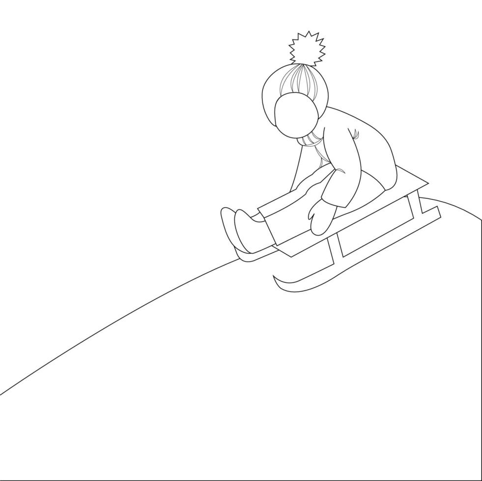 Child sledding. Vector linear illustration isolated. Childrens coloring.