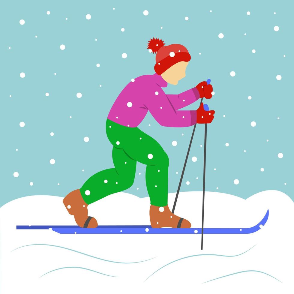 Boy skiing. Snowing. Winter cold weather. Trendy flat design vector illustration.
