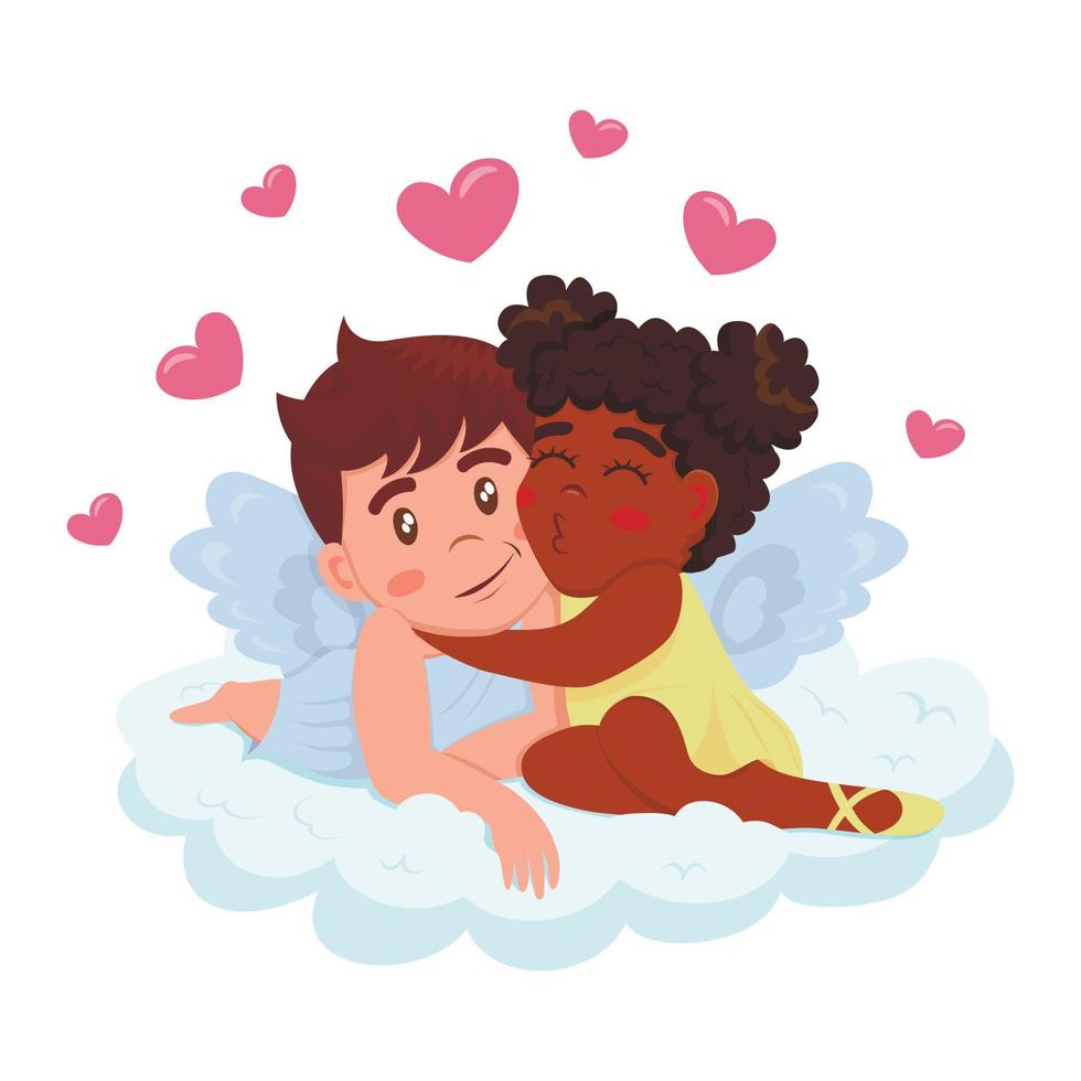 Little african american cute girl angel in cartoon style in pink dress and golden halo hugs and kisses angel boy vector