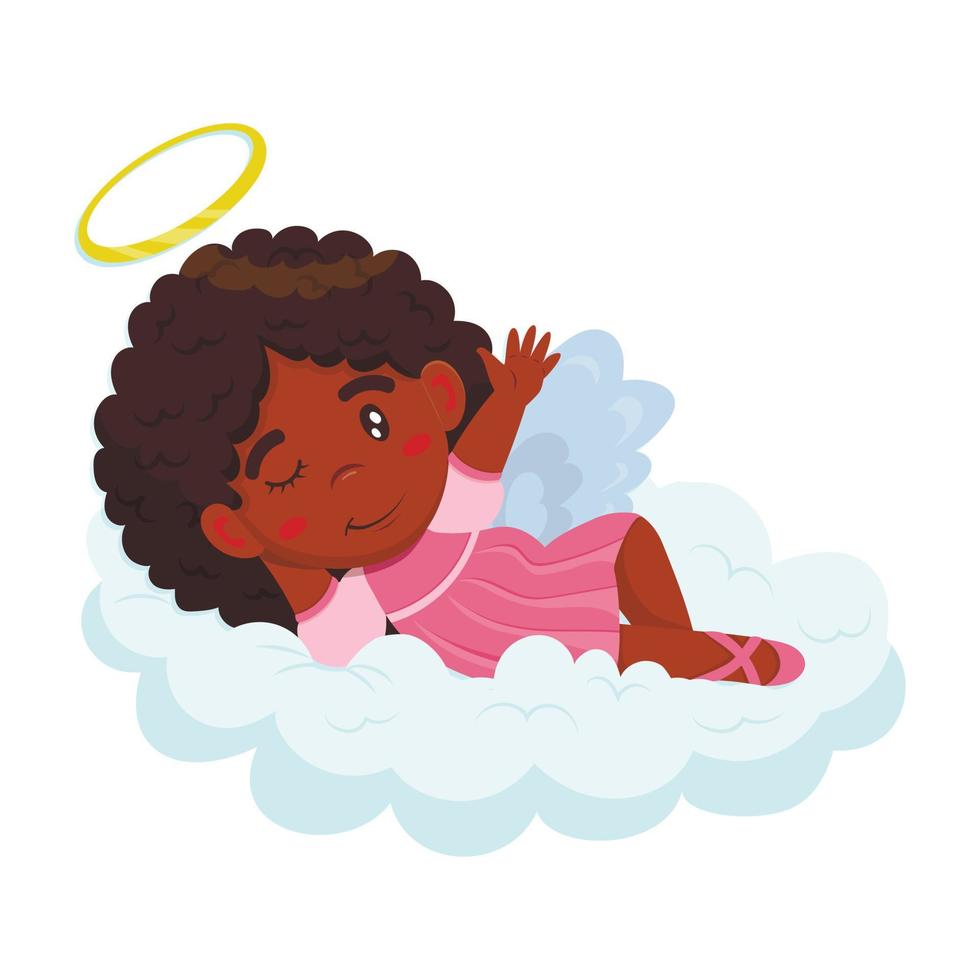 pequeño ángel afroamericano linda niña en un estilo de dibujos animados con un vestido rosa y un halo dorado se encuentra en una nube y guiña un ojo vector