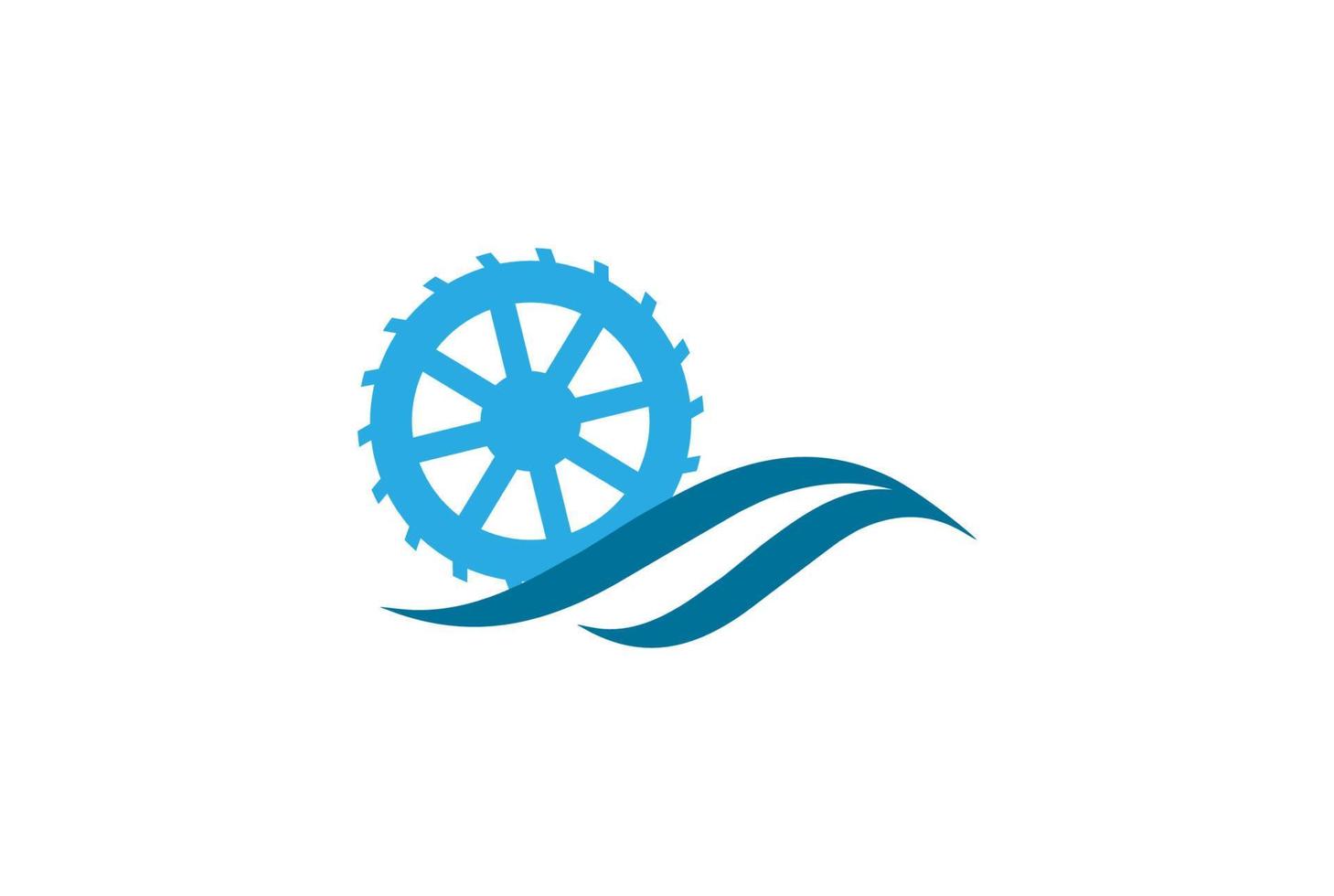 Molino de agua del río del lago del mar del océano con el vector del diseño del logotipo del engranaje del engranaje