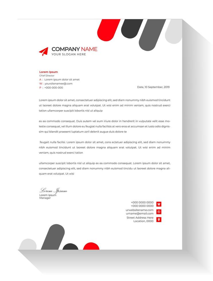 corporate modern letterhead design template with red and dark color. creative modern letter head design templates for your project. Vector illustration. Simple red color letter head design template.