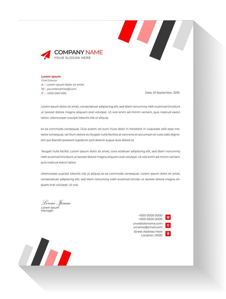 corporate modern letterhead design template with red and dark color. creative modern letter head design templates for your project. Vector illustration. Simple red color letter head design template.