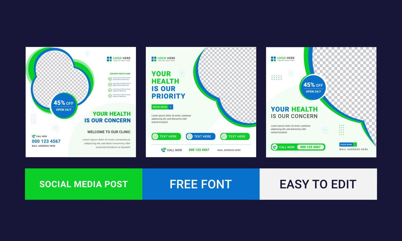 Medical Social Media Post Template, Editable Healthcare Social Media Banner Templates. Social media post design template free vector. Easy to edit vector