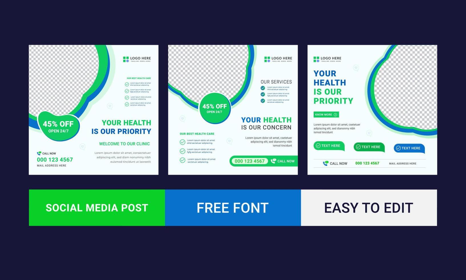 Medical Social Media Post Template, Editable Healthcare Social Media Banner Templates. Social media post design template free vector. Easy to edit vector