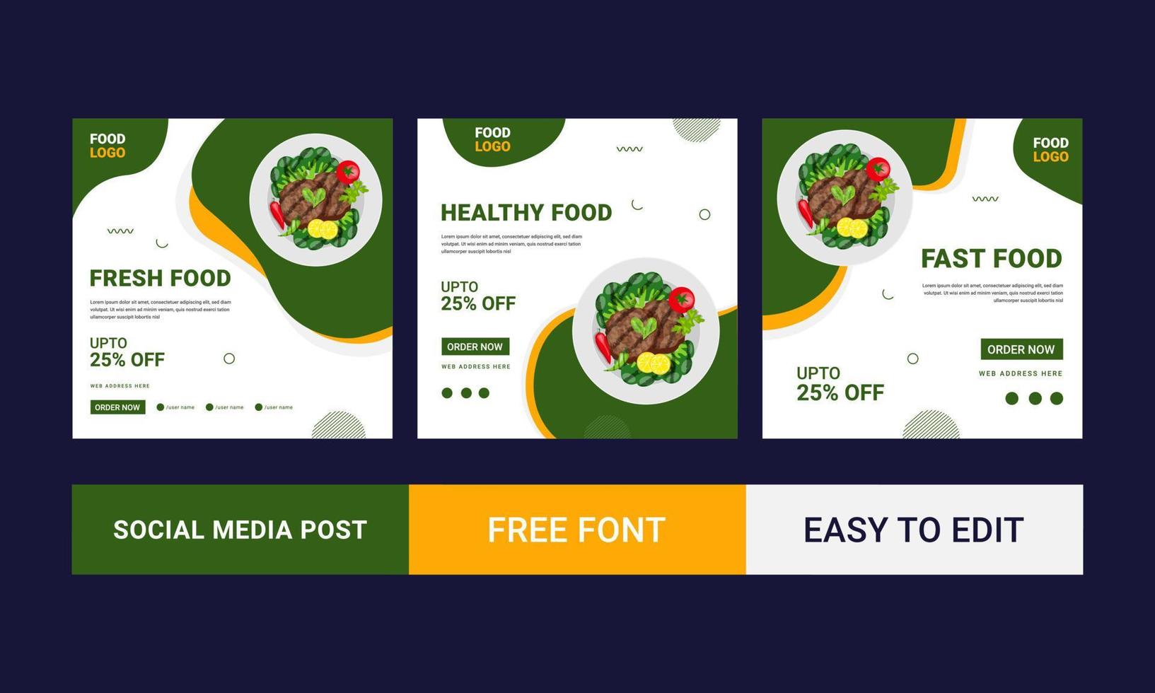 Set of Editable square banner template design for food. Suitable for Social Media Post restaurant and culinary digital Promotion. Black and Green background color shape vector. vector