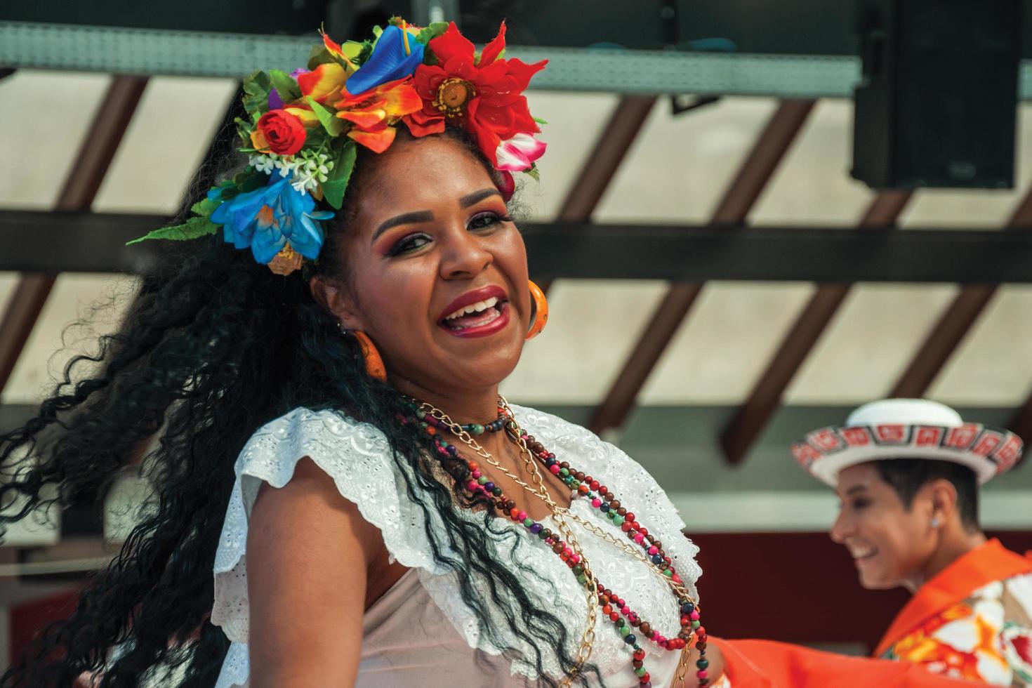 Nova Petropolis, Brazil - July 20, 2019. Brazilian female folk dancer performing a typical dance on 47th International Folklore Festival of Nova Petropolis. A rural town founded by German immigrants. photo