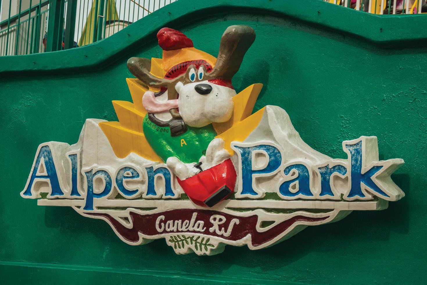 Canela, Brazil - July 21, 2019. Colorful Alpen Park logo in a wall, a renowned amusement park near Canela. A charming small town very popular by its ecotourism. photo