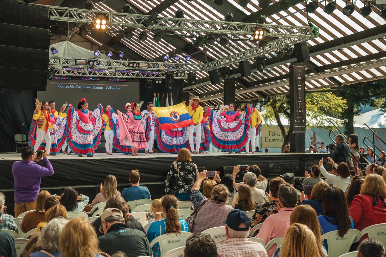 Nova Petropolis, Brazil - July 20, 2019. Colombian folk dancers performing a typical dance on 47th International Folklore Festival of Nova Petropolis. A lovely rural town founded by German immigrants. photo