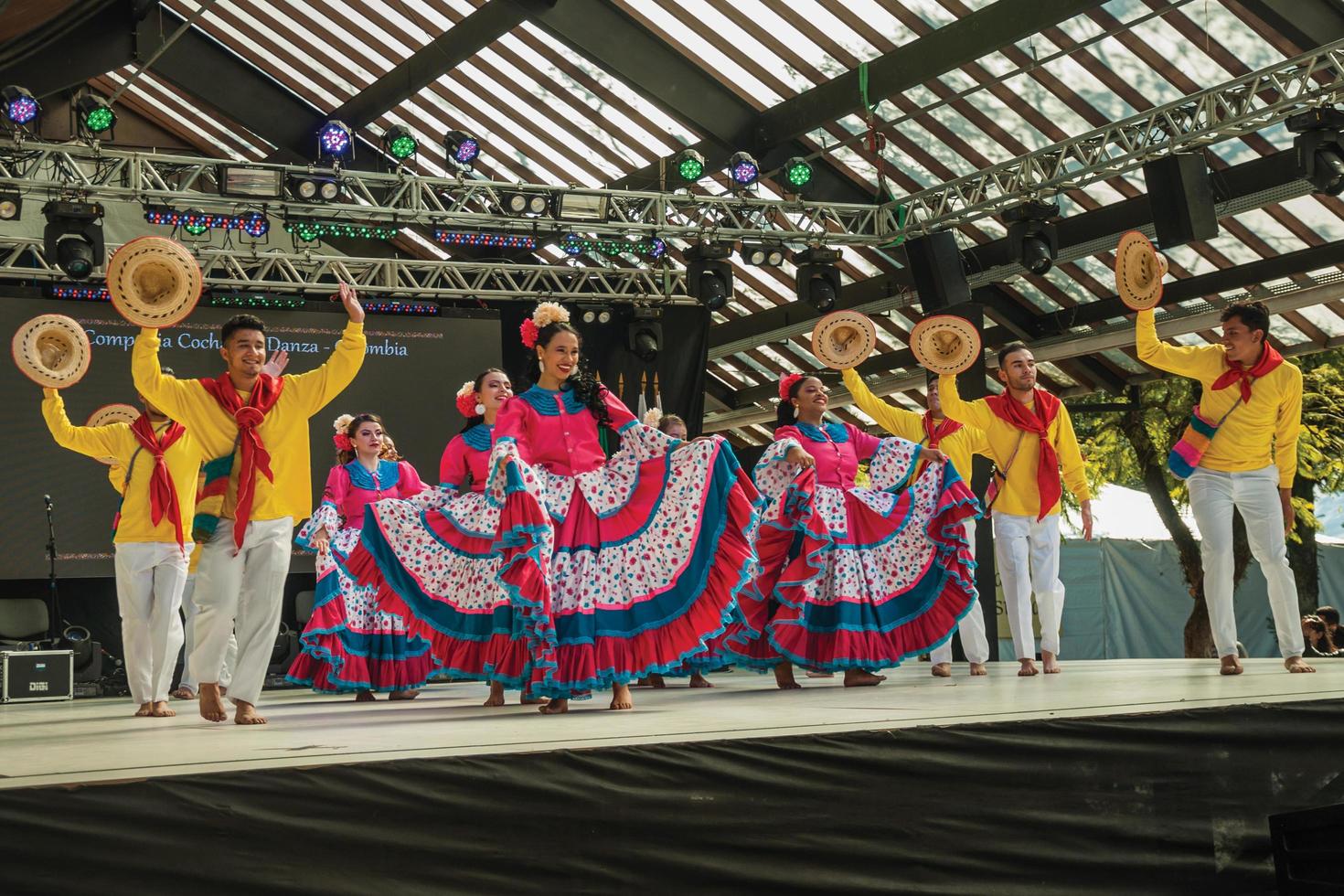 Nova Petropolis, Brazil - July 20, 2019. Colombian folk dancers performing a typical dance on 47th International Folklore Festival of Nova Petropolis. A lovely rural town founded by German immigrants. photo