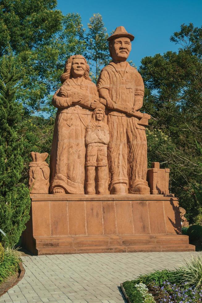 Nova Petropolis, Brazil - July 20, 2019. Sandstone sculpture of immigrant family in a garden at Sculpture Park Stones of Silence near Nova Petropolis. A lovely rural town founded by German immigrants. photo