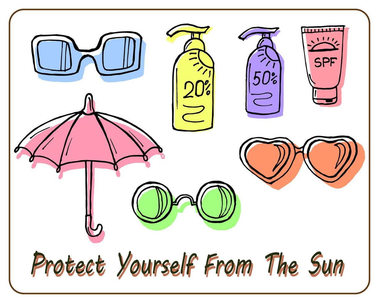 Illustration Drawn Set For Sun Protection Glasses Umbrellas Cream And Gel Summer Vacation Vector Art At Vecteezy