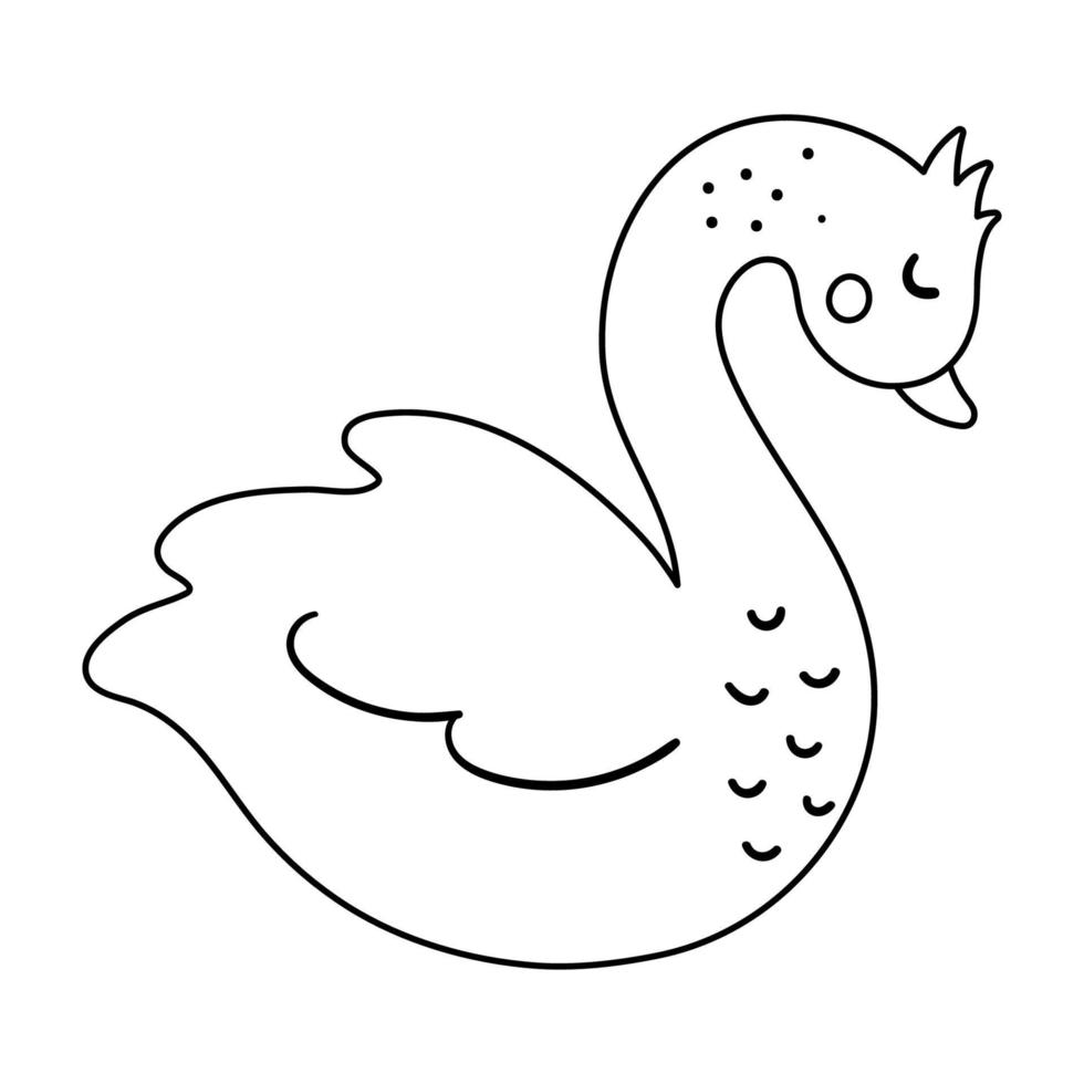 Vector cute black and white swan isolated on white background. Romantic outline bird illustration. Contour love concept or Valentine day character for kids.