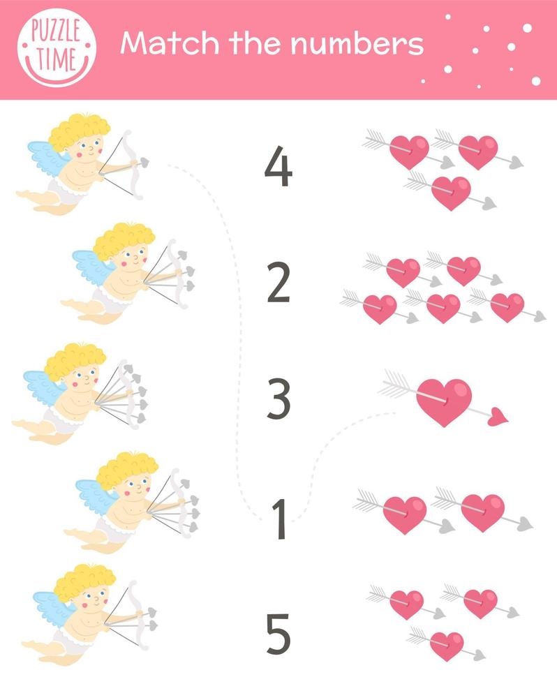 juego de emparejamiento del día de San Valentín con cupido y corazones. Actividad de matemáticas de vacaciones para niños en edad preescolar. hoja de trabajo de conteo imprimible temática educativa del amor con lindos elementos divertidos para niños vector