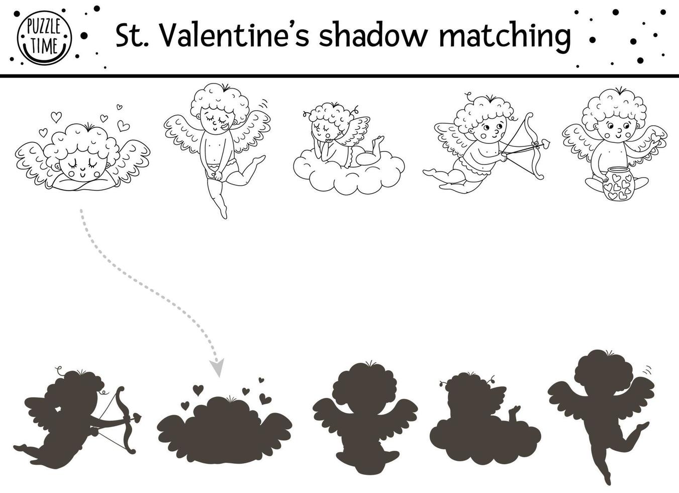 Saint valentine day black and white shadow matching activity for children. Fun outline puzzle with cute holiday symbols. Educational game for kids with cupids and love theme. Find correct silhouette vector