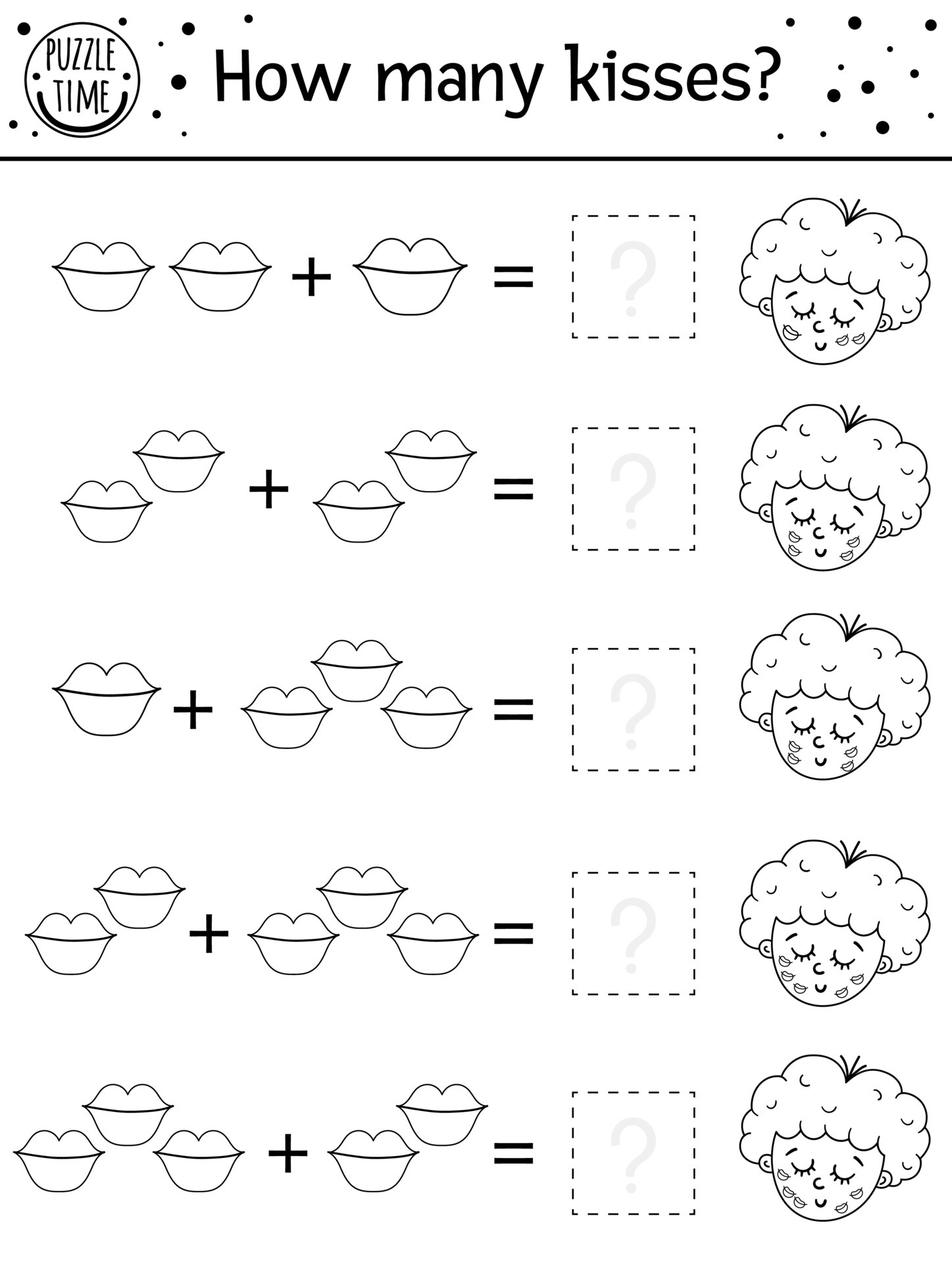 saint valentine day black and white counting game with kisses and cupid holiday activity for preschool children with love theme educational printable math worksheet addition outline puzzle for kids 4922725 vector art