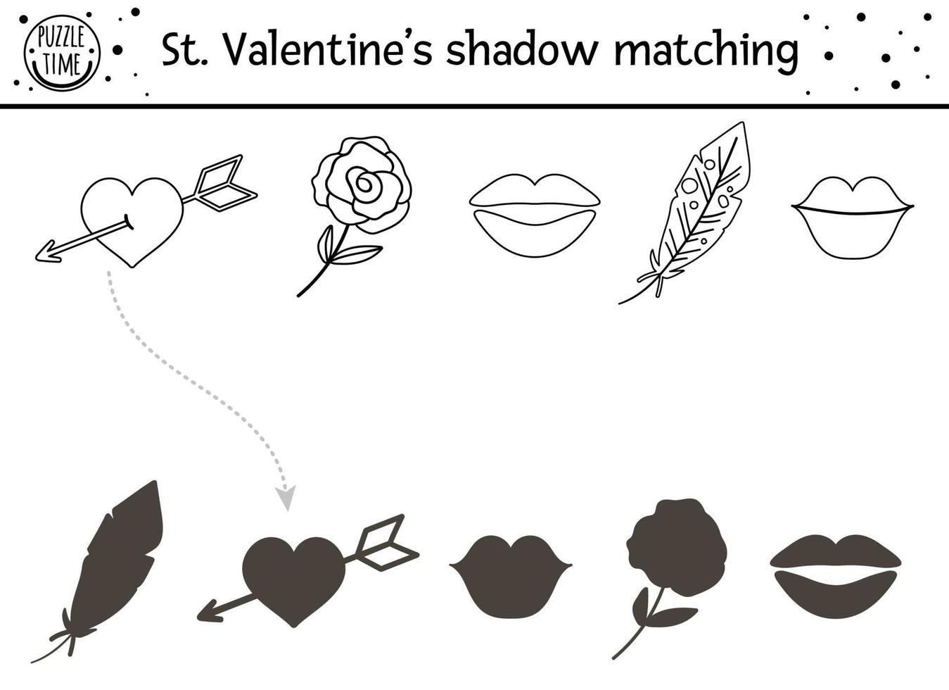 Saint valentine day black and white shadow matching activity for children. Fun outline puzzle with cute holiday symbols. Educational game for kids with love theme. Find the correct silhouette vector