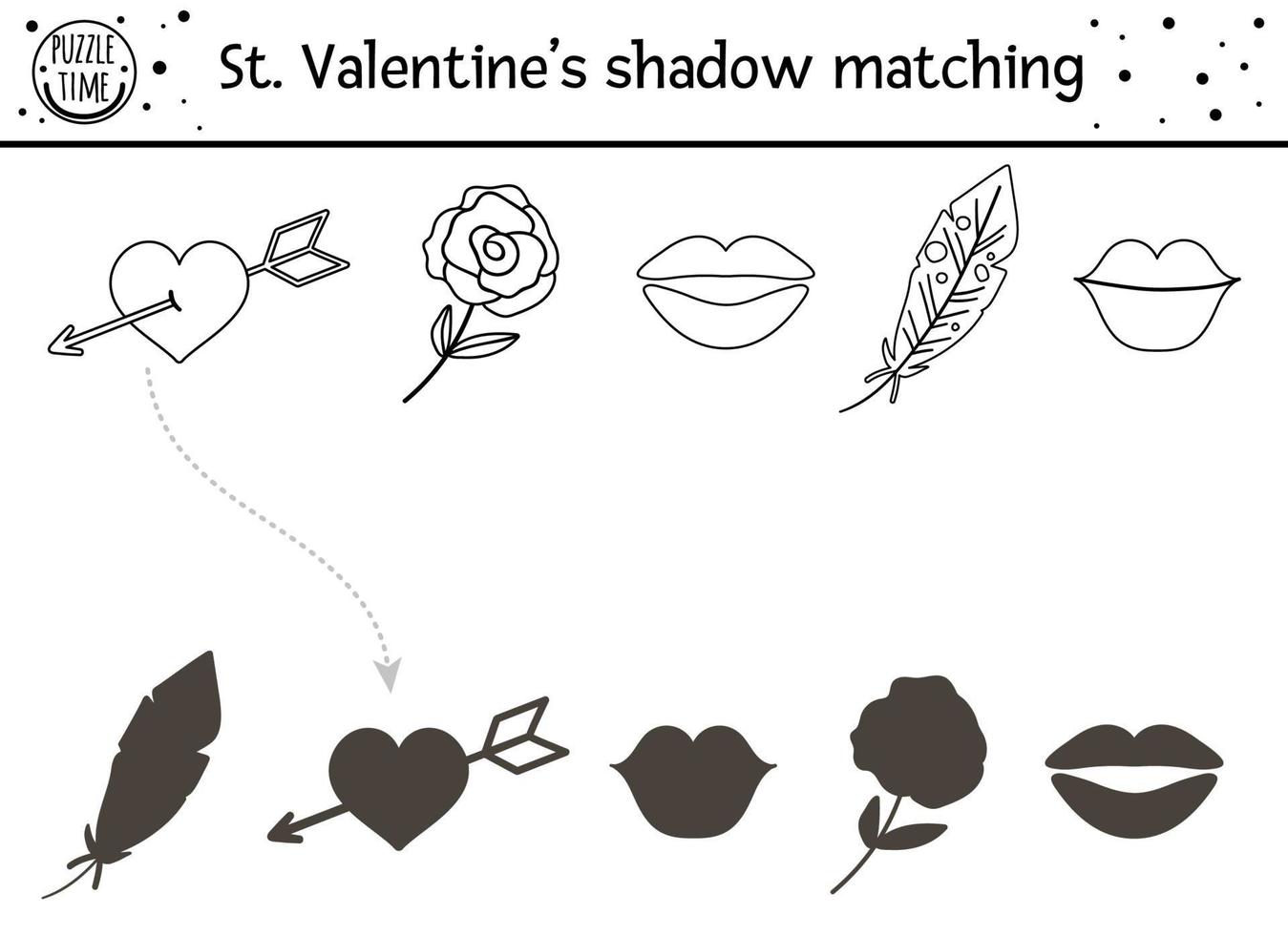 actividad de combinación de sombras en blanco y negro del día de San Valentín para niños. divertido rompecabezas de contorno con lindos símbolos navideños. juego educativo para niños con tema de amor. encuentra la silueta correcta vector