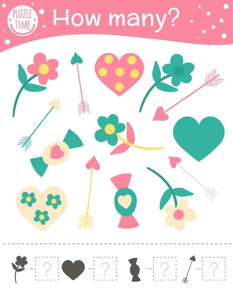 Saint Valentine day counting game with heart, candy, arrow, flower. Holiday math activity for preschool children. How many objects worksheet. Educational puzzle for kids with love theme vector