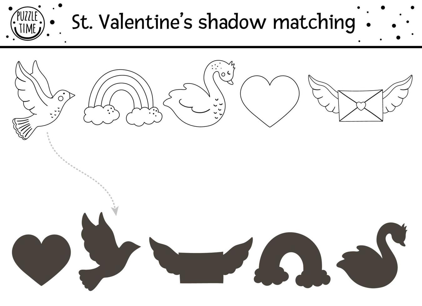 Saint valentine day black and white shadow matching activity for children. Fun outline puzzle with cute holiday symbols. Educational outline game with love theme. Find correct silhouette worksheet. vector