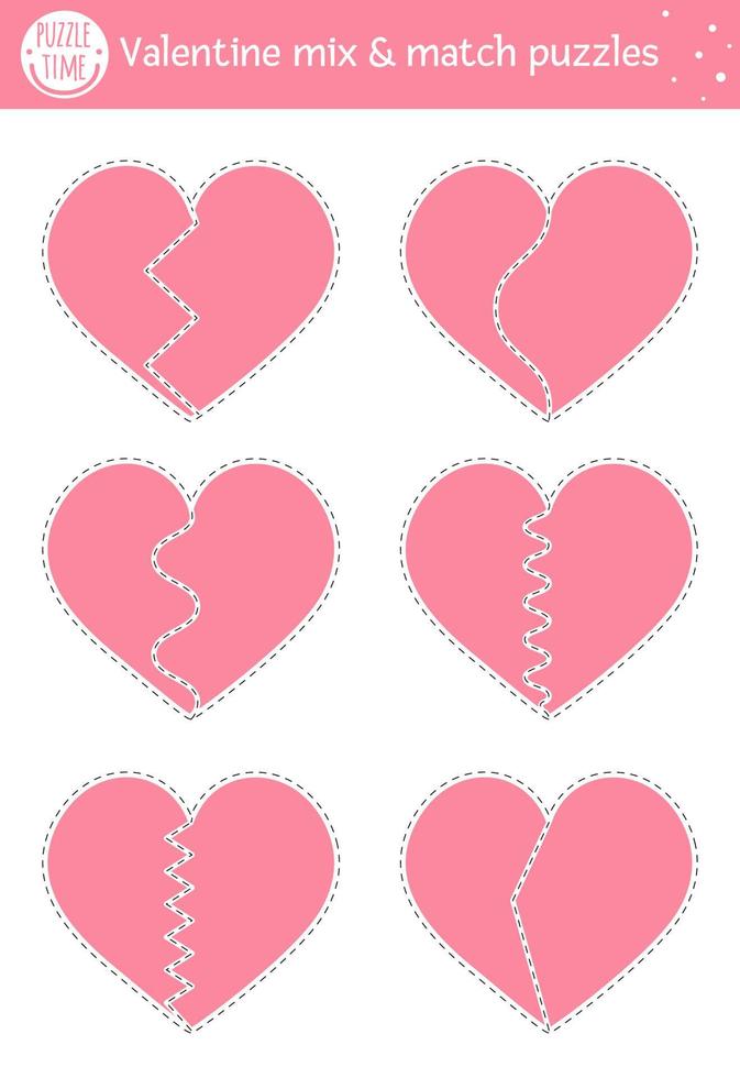 Vector Saint Valentine day mix and match puzzle with traditional holiday symbols. Matching activity for preschool children. Educational printable game for kids with hearts halves