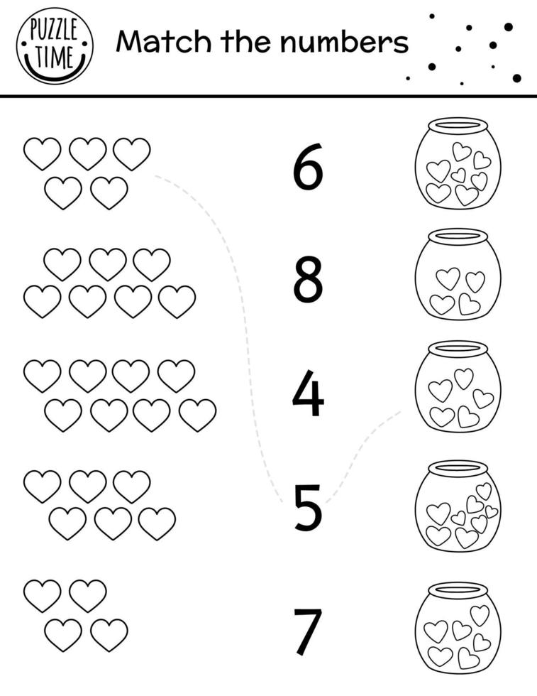 Saint Valentine day black and white matching game with hearts in jar vector