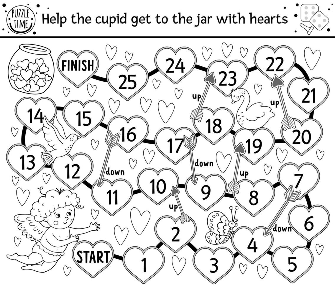 Saint Valentine day black and white board game for children with cupid. Educational holiday boardgame or coloring page with cute boy, arrows, hearts. Romantic outline activity with love theme. vector