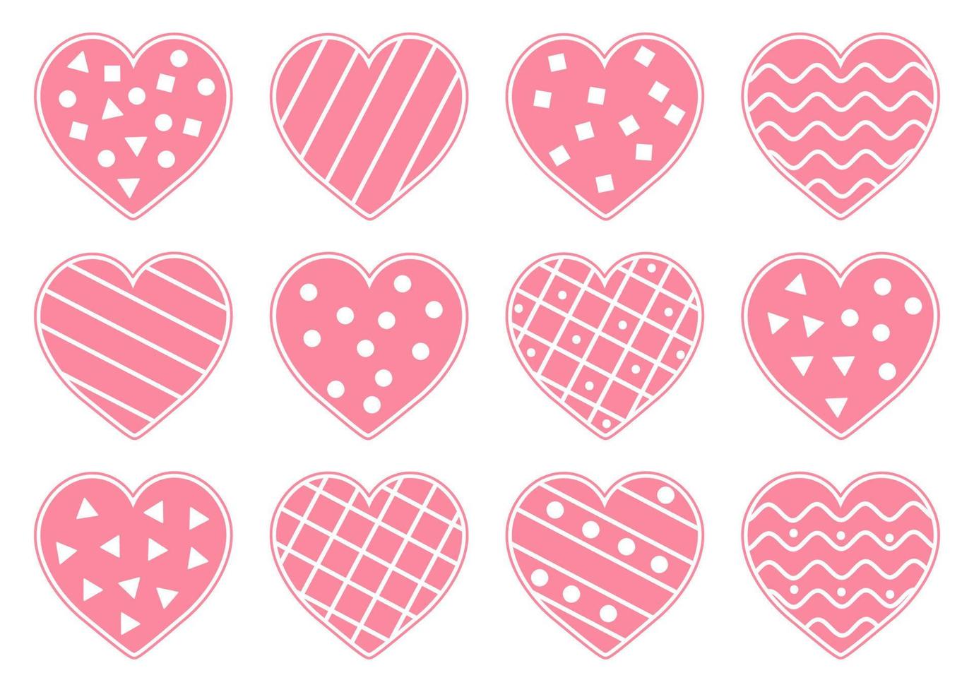 Vector set of cute decorated hearts. Saint Valentine day symbols collection. Playful February holiday love icons isolated on white background