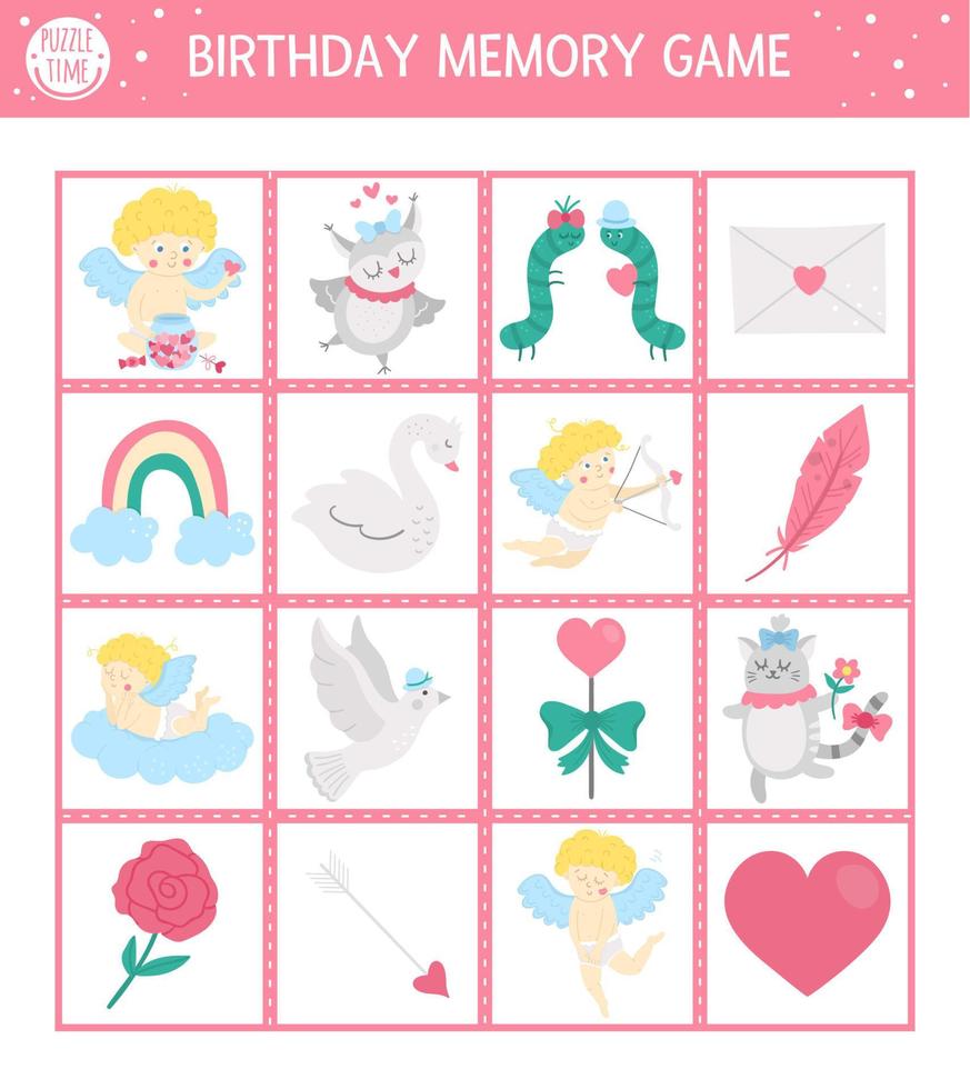 Vector Saint Valentine day memory game cards with traditional holiday symbols. Matching activity with cute characters. Remember and find correct card. Simple love themed printable worksheet for kids.